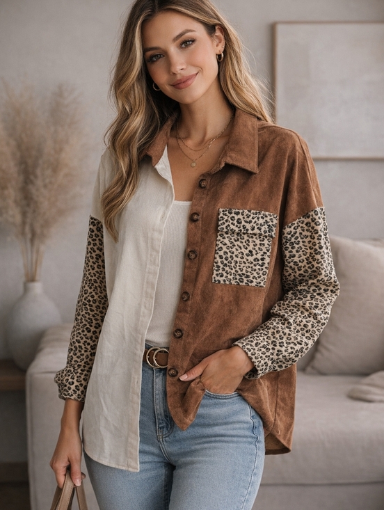 Scarlett Tops - Leopard Color Block Lightweight Shacket Jacket XL Brown Cream Animal Print
